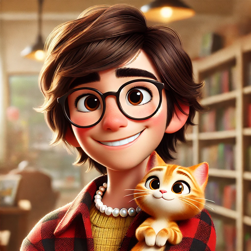 Cody in a bookstore, smiling and holding an orange cat