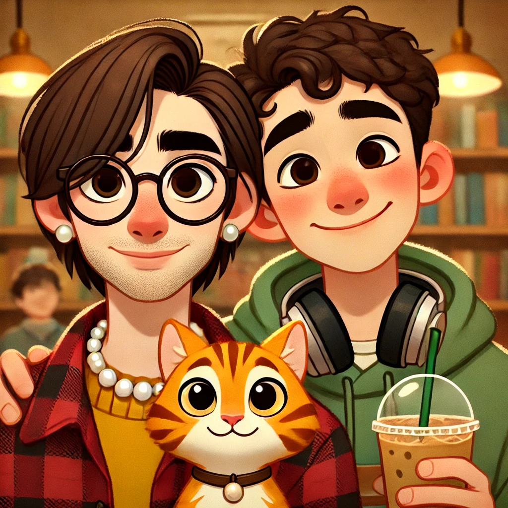 Cody and Justin in a cozy setting, Cody holding an orange cat, Justin with headphones and iced coffee