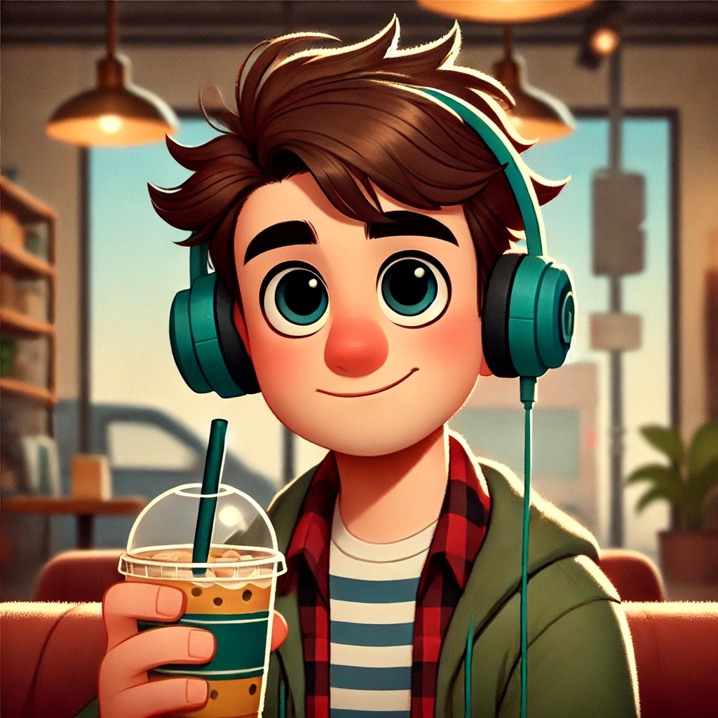 Justin wearing headphones, smiling, and holding an iced coffee